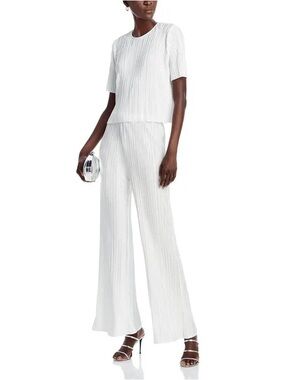 Aqua White Pleated Short-Sleeve Wide-Leg Jumpsuit (PART OF SET)